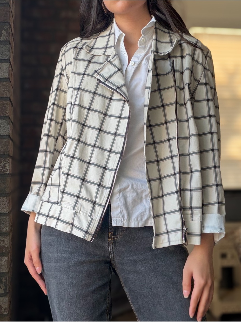 Black and White Plaid Lightweight Subverisve Zip Up Moto Jacket